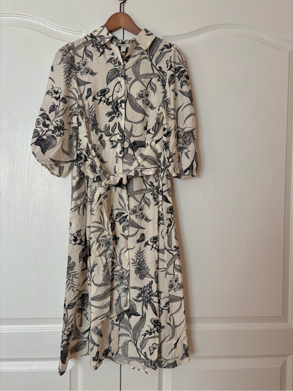 C Cream and Black Floral Midi Shirt Dress